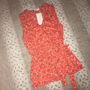 NWT Coral Sleeveless Wrap Top w/White Flowers
